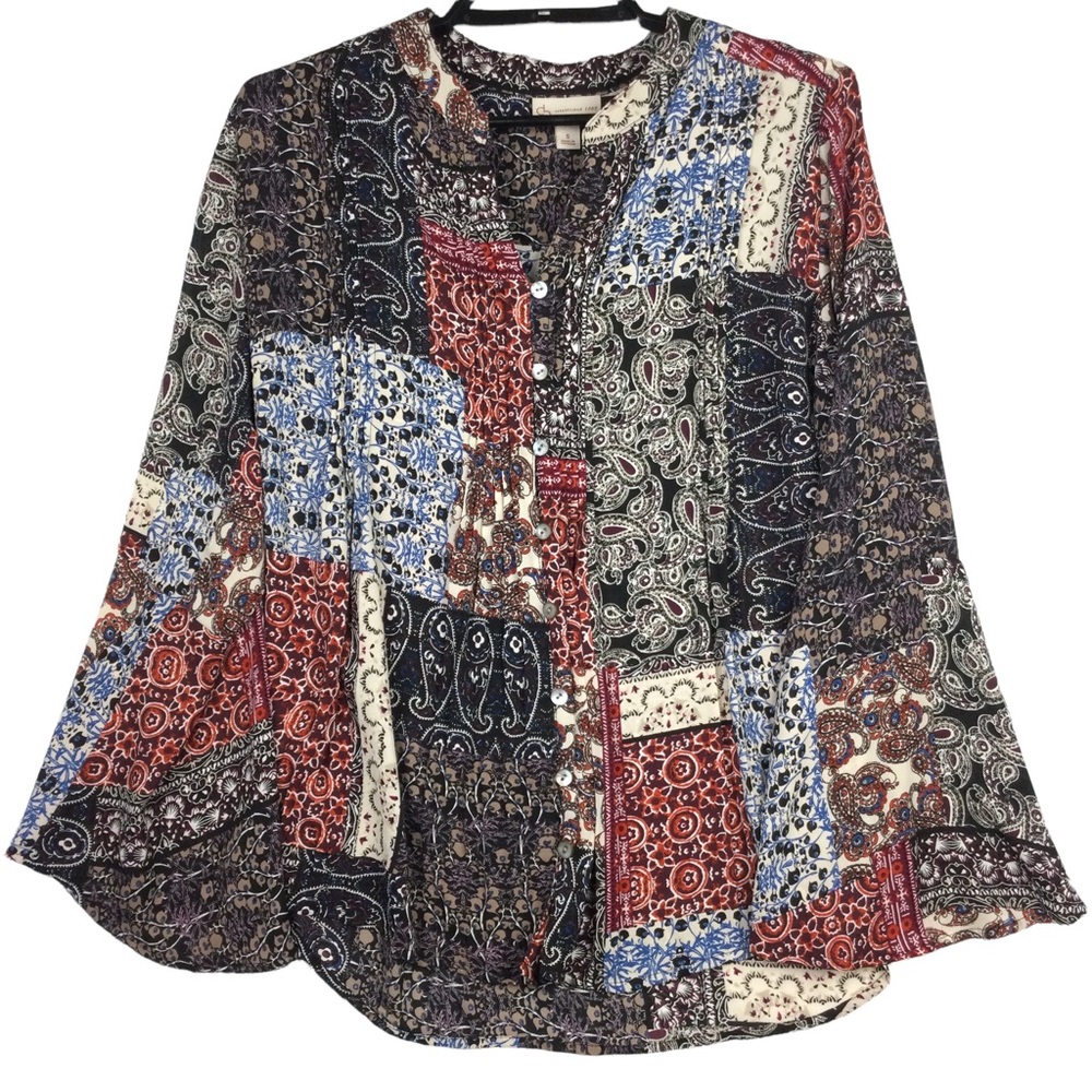 CB Button Up Blouse Flared Sleeves Paisley Ornate Buttons Multi Color Women's S